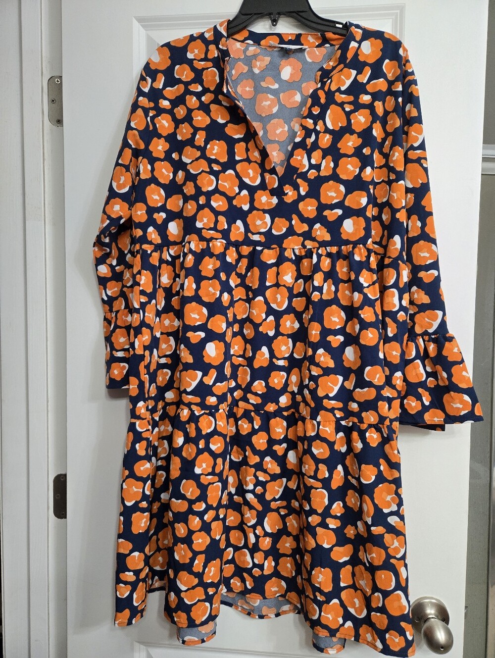 Kids Tiered Long Sleeve Dress in Navy and Orange